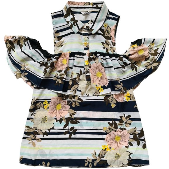 GUESS Women's Blouse XS White Ruffled Off The Shoulder Button Up Floral X Small - Picture 1 of 10